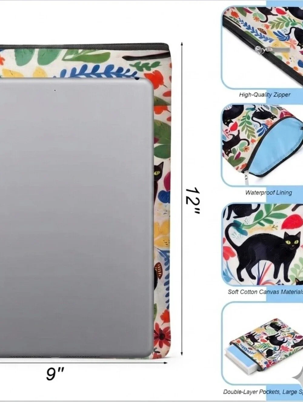 Black Cat Floral Canvas Zippered Pouch  Tablet Case Book Sleeve Cover NWT Gift